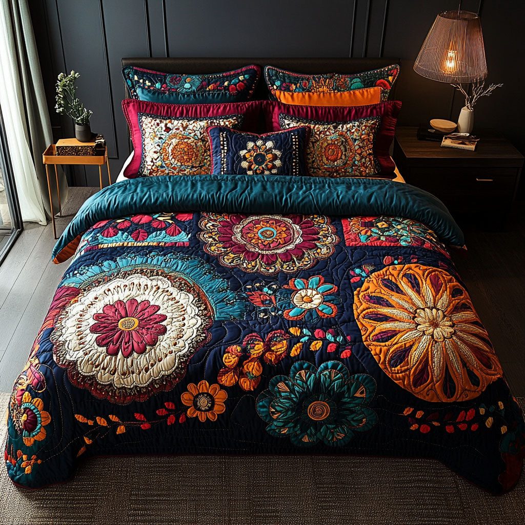 Boho Garden quilted 3-piece bedding set on a made bed with two matching pillow shams