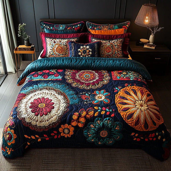Boho Garden quilted 3-piece bedding set on a made bed with two matching pillow shams