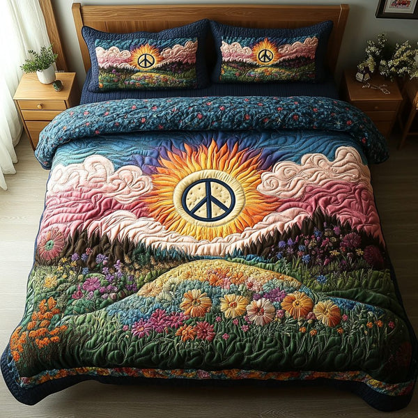 Boho Hippie quilted 3-piece bedding set on a made bed with two matching pillow shams