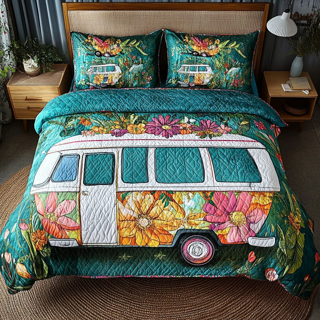 Boho Journey quilted 3-piece bedding set on a made bed with two matching pillow shams