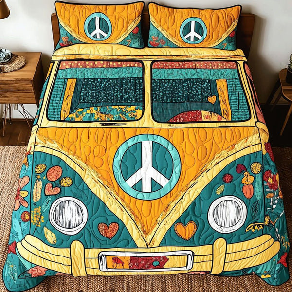 Boho Love Bus quilted 3-piece bedding set on a made bed with two matching pillow shams
