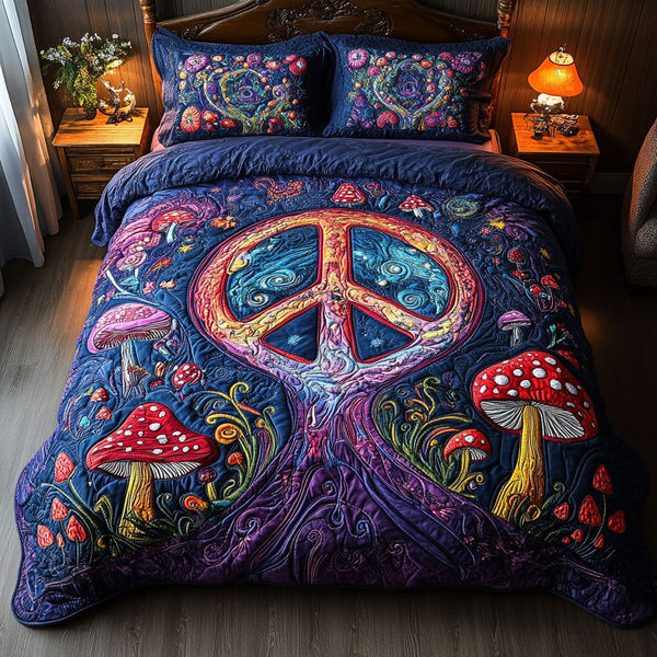 Boho Mushroom Dream quilted 3-piece bedding set on a made bed with two matching pillow shams