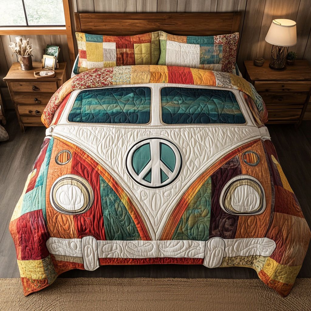 Boho Patchwork Bus quilted 3-piece bedding set on a made bed in a farmhouse bedroom