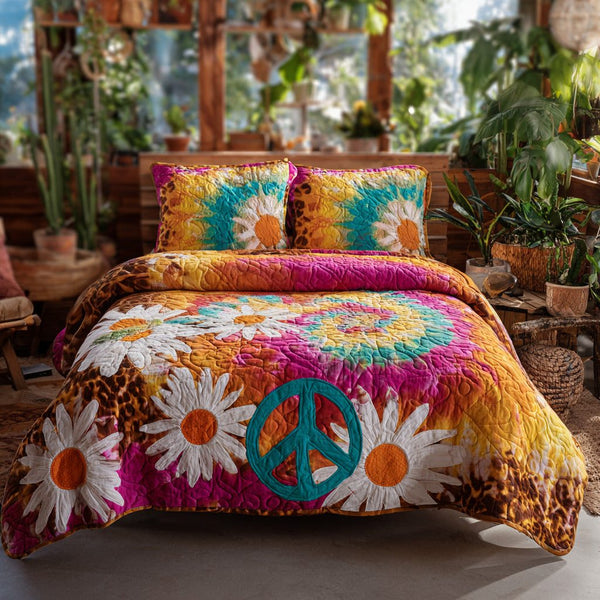 Boho Peace Daisies quilted 3-piece bedding set on a made bed with two matching pillow shams