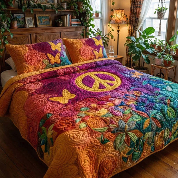 Boho Peace quilted 3-piece bedding set on a made bed with two matching pillow shams