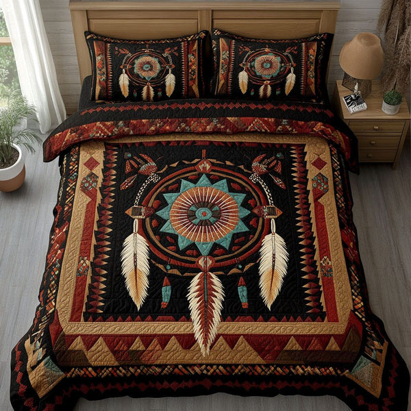 Boho Spirit quilted 3-piece bedding set on a made bed with two matching pillow shams