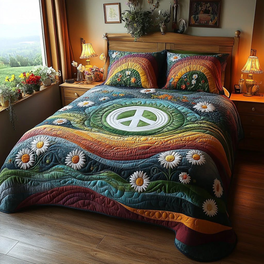 Boho Spirit quilted 3-piece bedding set on a made bed with two matching pillow shams