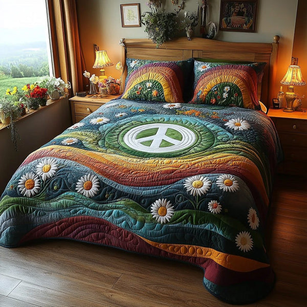 Boho Spirit quilted 3-piece bedding set on a made bed with two matching pillow shams