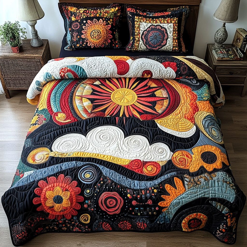 Boho Sunrise quilted 3-piece bedding set on a made bed with two matching pillow shams