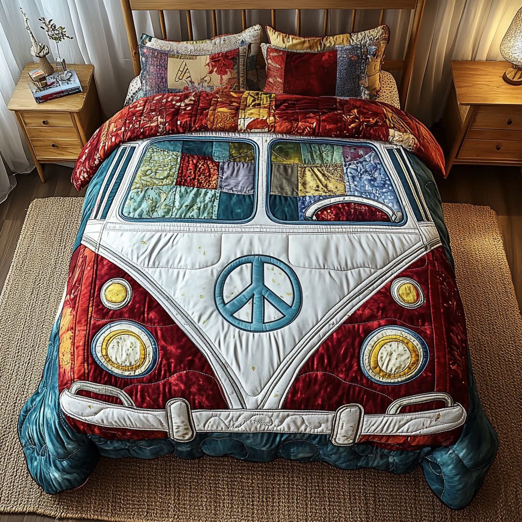 Boho Van Red quilted 3-piece bedding set on a made bed with two matching pillow shams
