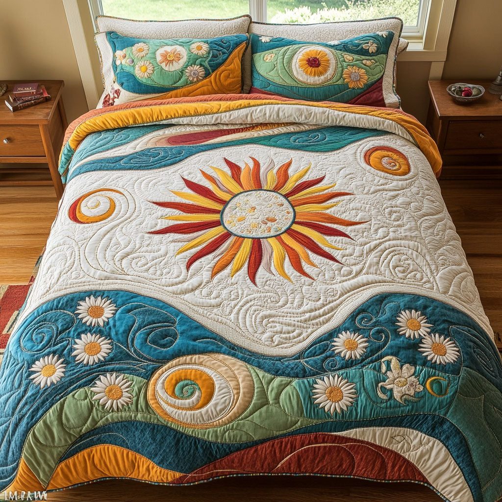 Boho Waves quilted 3-piece bedding set on a made bed in a light coastal bedroom
