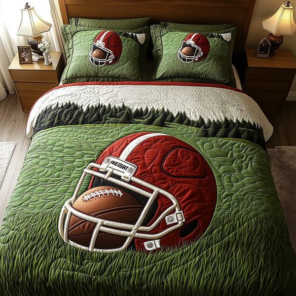 Bold American Football quilted 3-piece bedding set on a made bed in a warmly lit bedroom