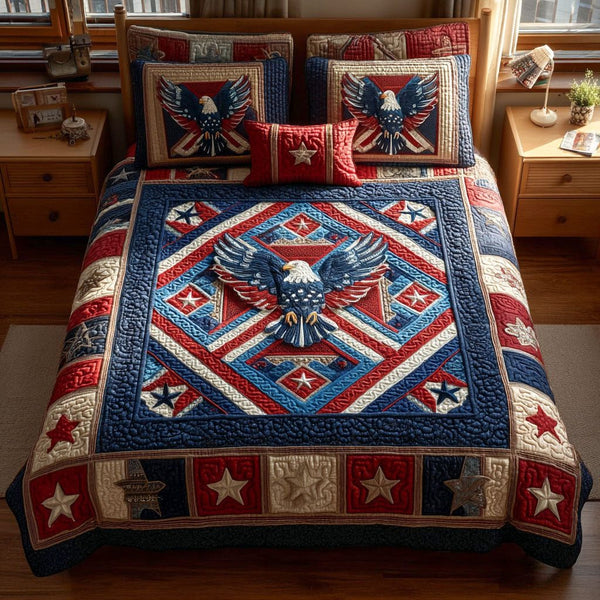 Bold and Brave quilted 3-piece bedding set on a made bed with two matching pillow shams