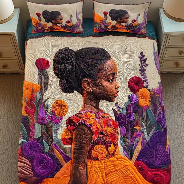 Bold Beauty quilted 3-piece bedding set on a made bed with two matching pillow shams