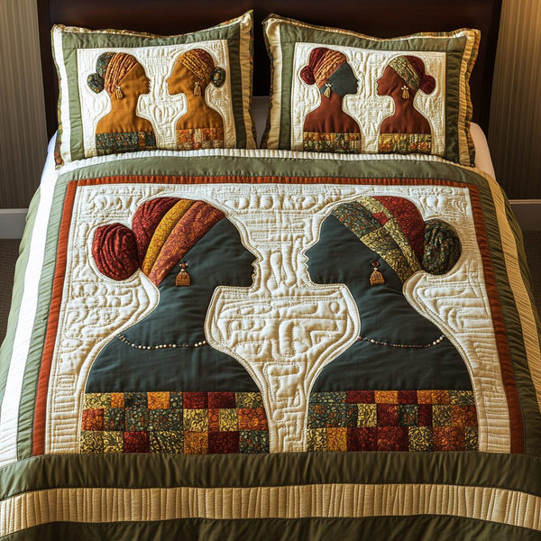 Bold Beauty quilted 3-piece bedding set on a made bed with two matching pillow shams
