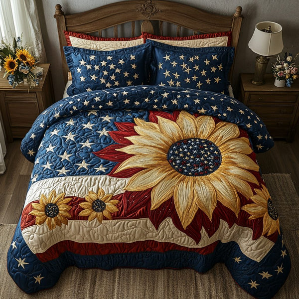 Bold Bloom Pride quilted 3-piece bedding set on a made bed with two matching pillow shams