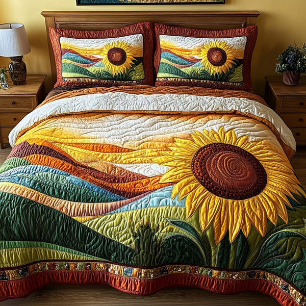 Bold Bloom quilted 3-piece bedding set on a made bed with two matching pillow shams