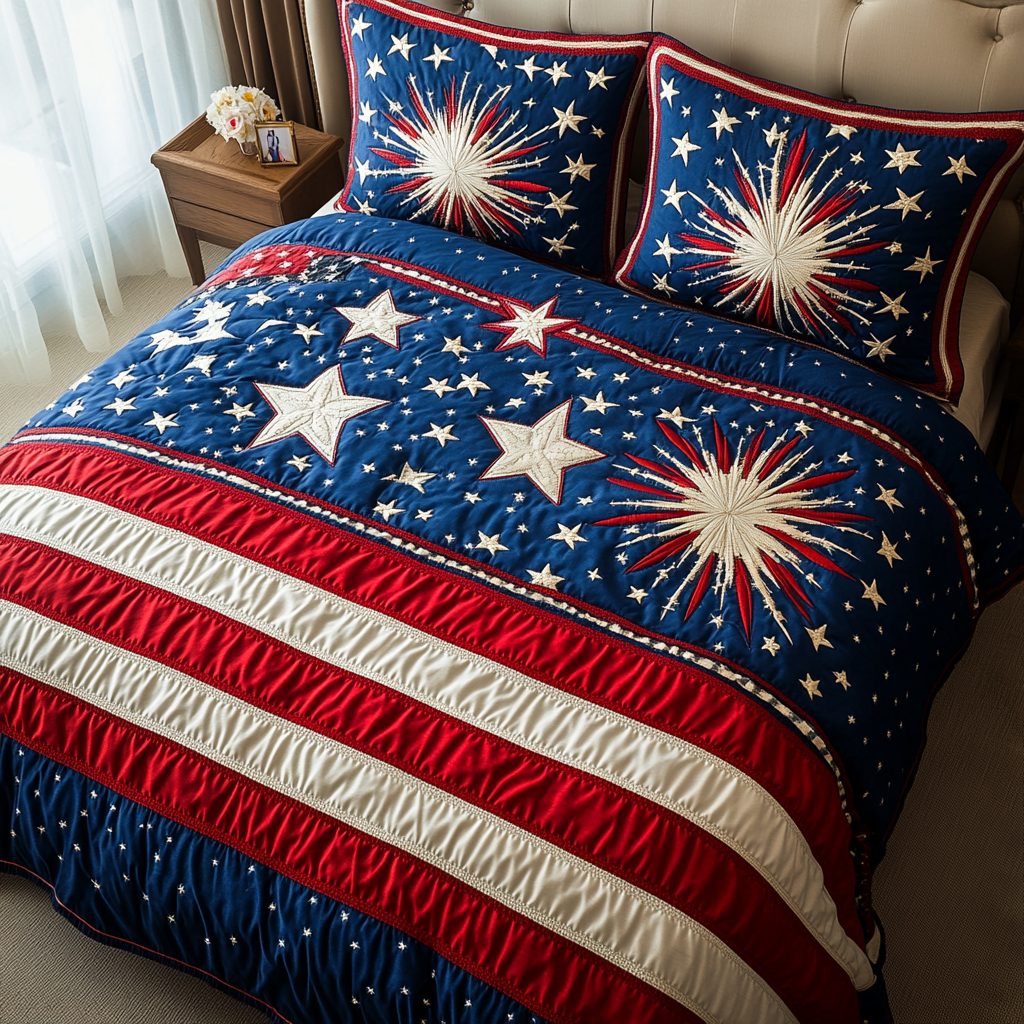 Bold Blossom quilted 3-piece bedding set on a made bed with two matching pillow shams