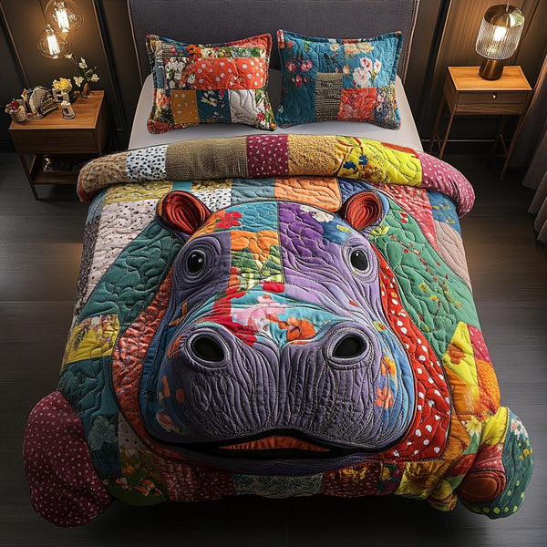 Bold Buddy quilted 3-piece bedding set on a made bed with two matching pillow shams