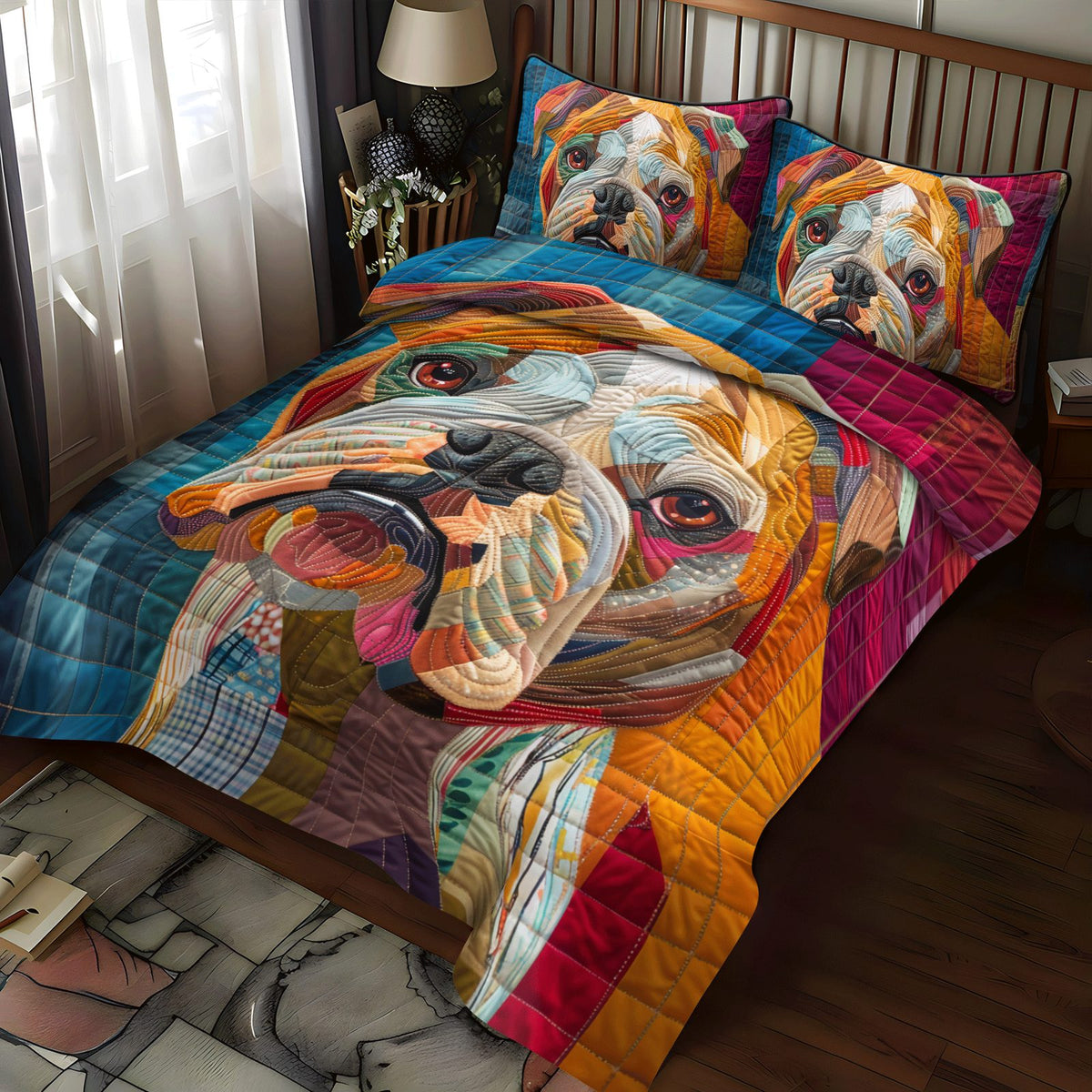 Bold Bulldog quilted 3-piece bedding set on a made bed with two matching pillow shams