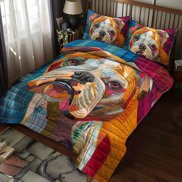 Bold Bulldog quilted 3-piece bedding set on a made bed with two matching pillow shams