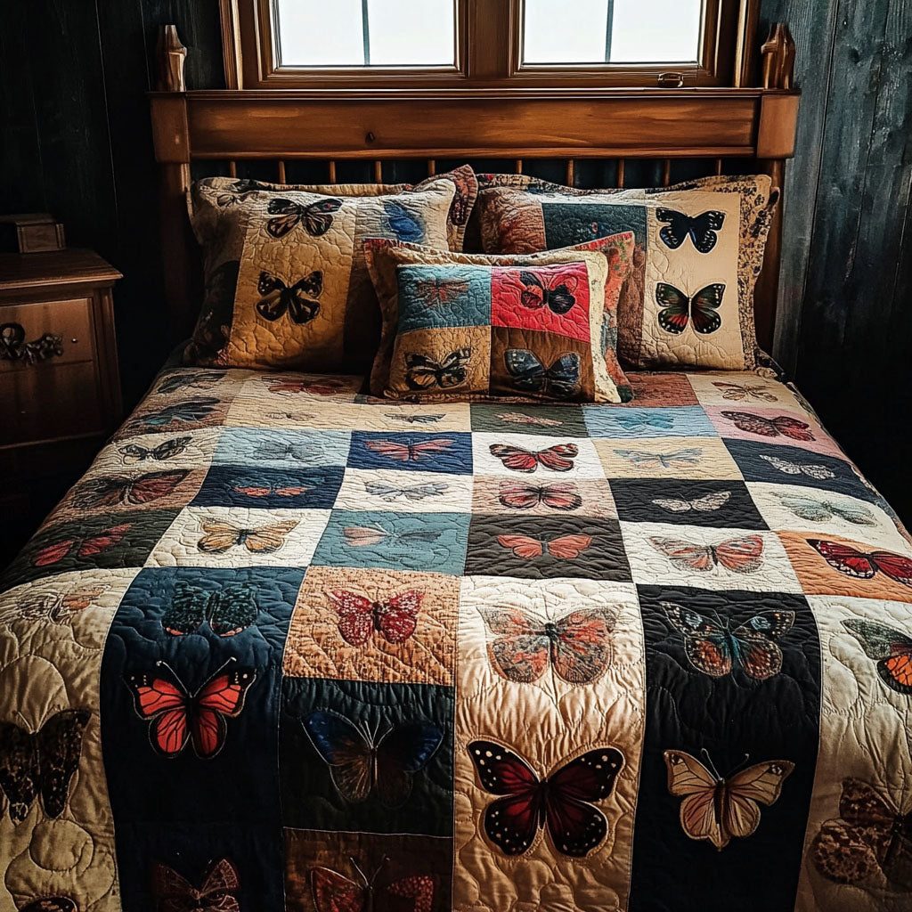 Bold Butterfly quilted 3-piece bedding set on a made bed with two matching pillow shams