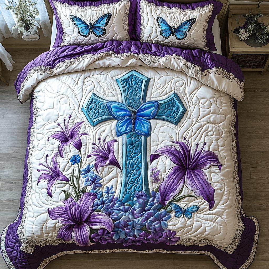 Bold Cross quilted 3-piece bedding set on a made bed in a softly lit bedroom