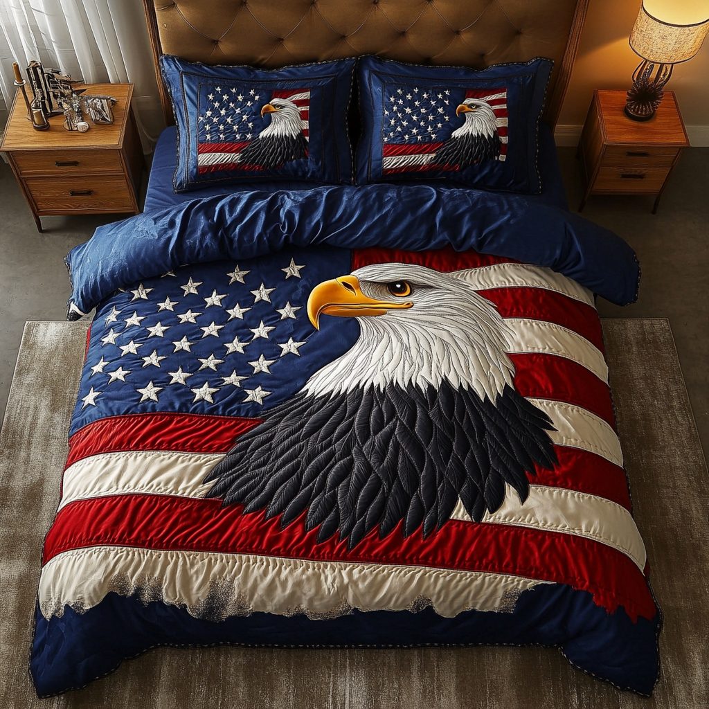 Bold Eagle quilted 3-piece bedding set on a made bed in a warmly lit bedroom