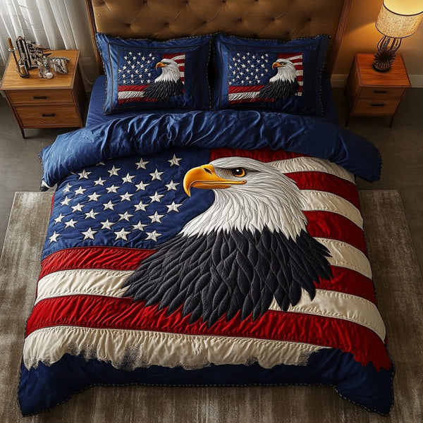 Bold Eagle quilted 3-piece bedding set on a made bed in a warmly lit bedroom
