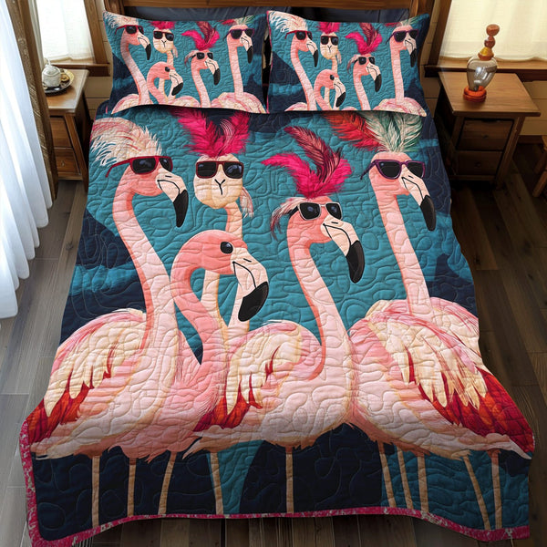 Bold Flamingo Vibrant quilted 3-piece bedding set on a made bed with two matching pillow shams