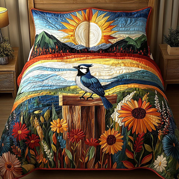 Bold Flight quilted 3-piece bedding set on a made bed with two matching pillow shams