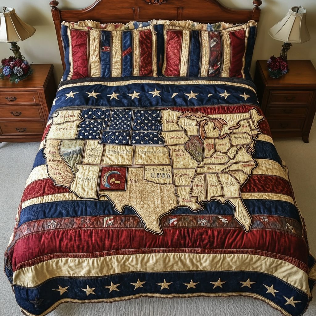 Bold Freedom quilted 3-piece bedding set on a made bed in a warmly lit bedroom