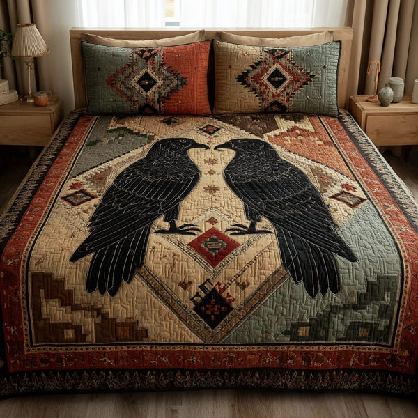 Bold Harmony quilted 3-piece bedding set on a made bed with two matching pillow shams