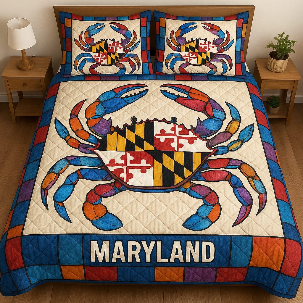 Bold Heritage quilted 3-piece bedding set on a made bed in a farmhouse bedroom