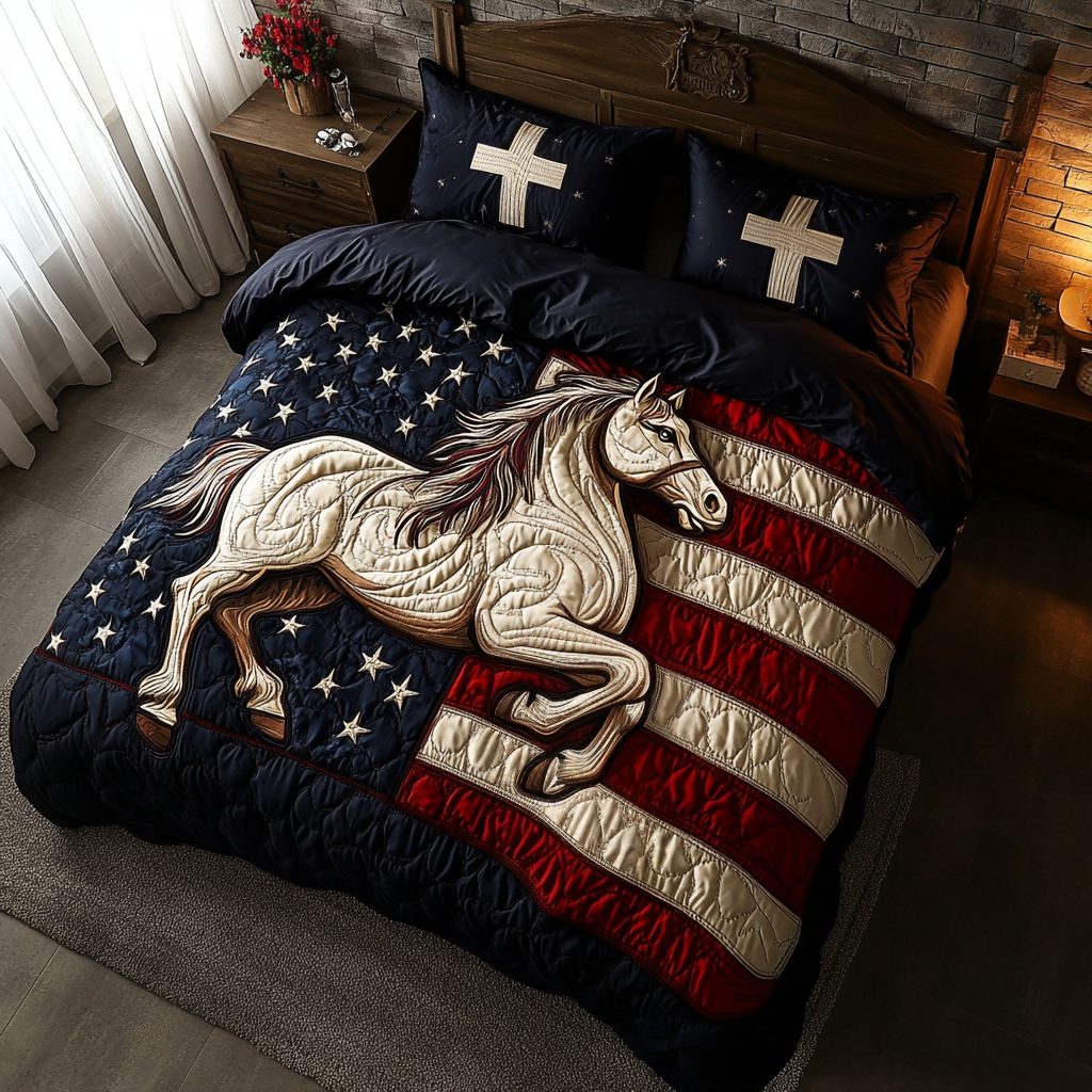 Bold Honor quilted 3-piece bedding set on a made bed in a warmly lit bedroom
