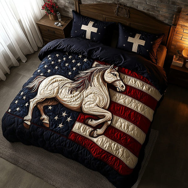 Bold Honor quilted 3-piece bedding set on a made bed in a warmly lit bedroom