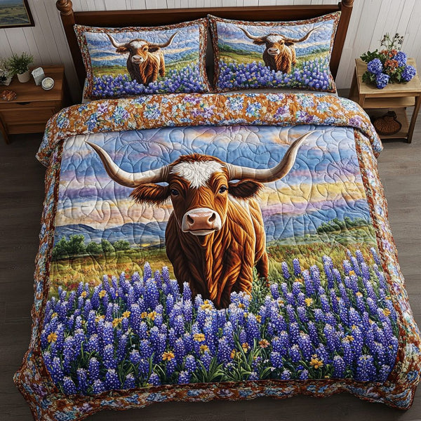 Bold Horns quilted 3-piece bedding set on a made bed with two matching pillow shams