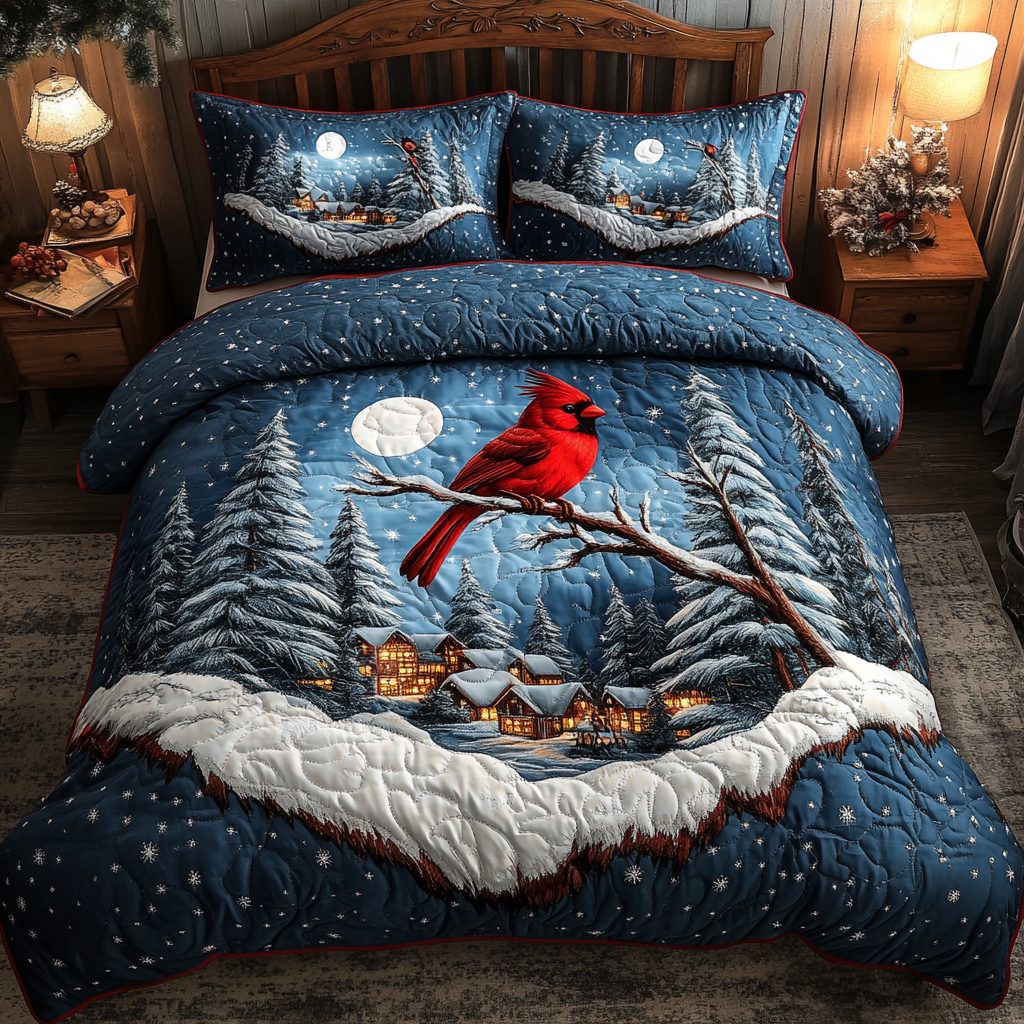 Bold in Red quilted 3-piece bedding set on a made bed with two matching pillow shams