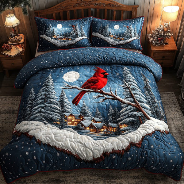 Bold in Red quilted 3-piece bedding set on a made bed with two matching pillow shams