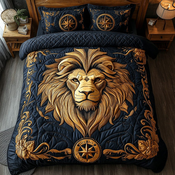 Bold Lion quilted 3-piece bedding set on a made bed with two matching pillow shams
