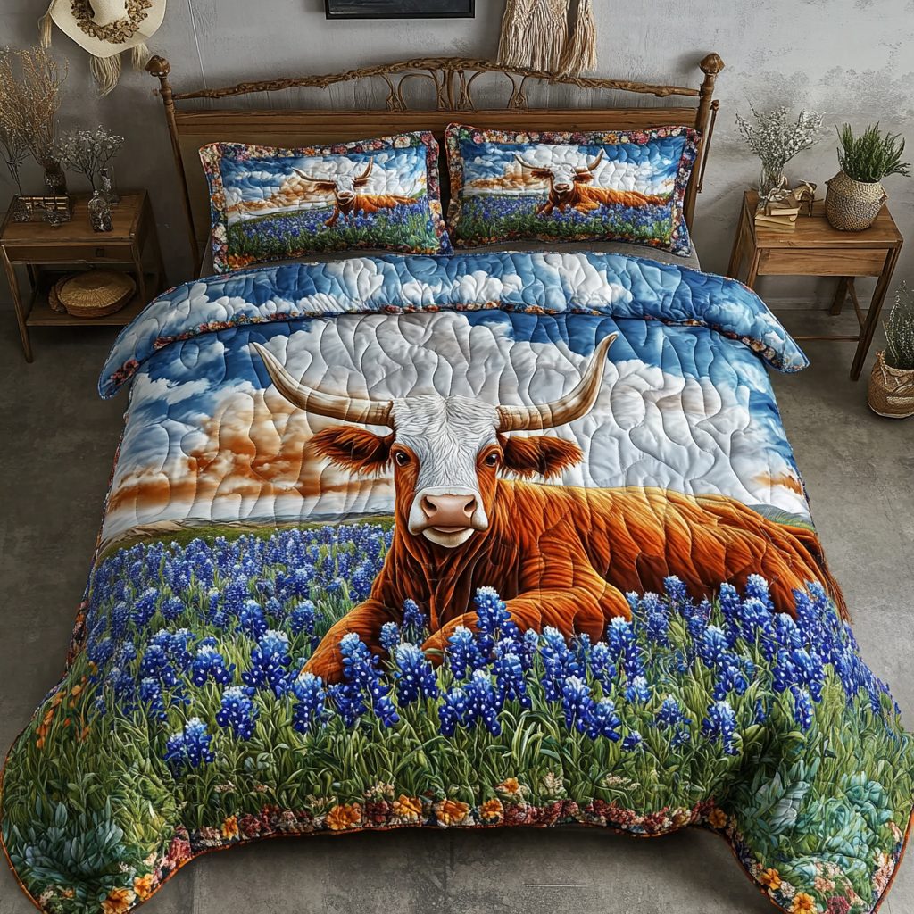 Bold Longhorn Cow quilted 3-piece bedding set on a made bed in a rustic timber bedroom