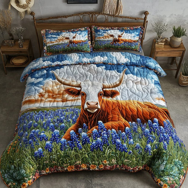 Bold Longhorn Cow quilted 3-piece bedding set on a made bed in a rustic timber bedroom