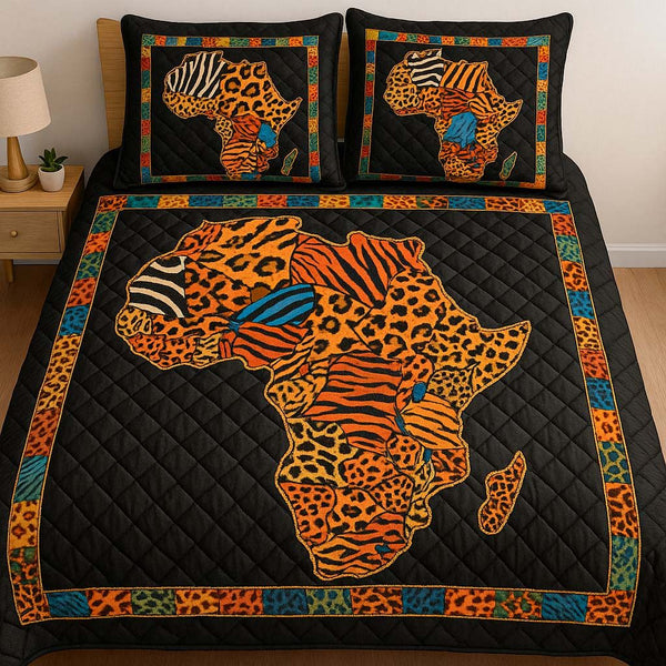 Bold Safari Map quilted 3-piece bedding set on a made bed with two matching pillow shams