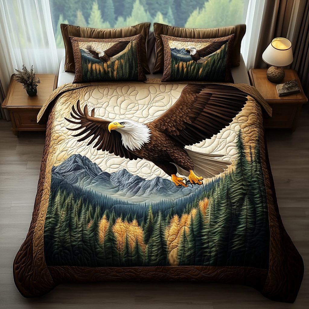 Bold Soar quilted 3-piece bedding set on a made bed with two matching pillow shams