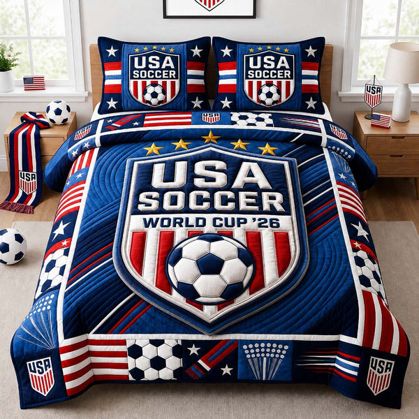 Bold Soccer Pride quilted 3-piece bedding set on a made bed with two matching pillow shams