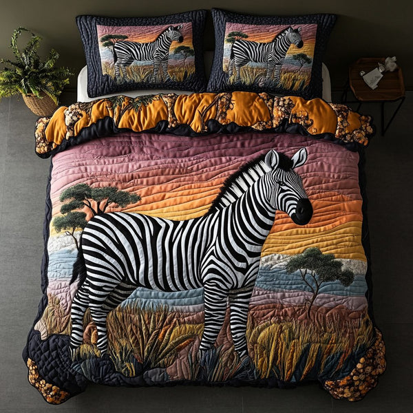 Bold Stripes quilted 3-piece bedding set on a made bed with two matching pillow shams