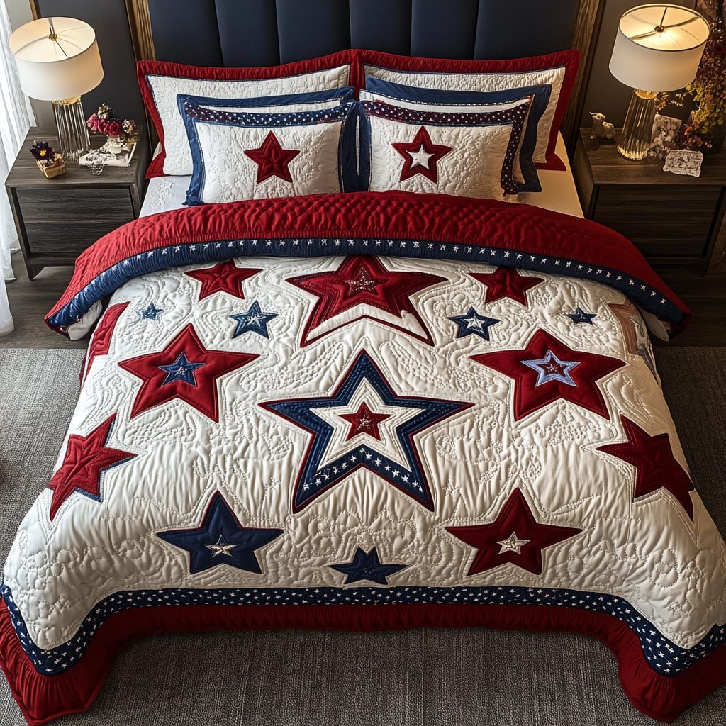 Bold Stripes quilted 3-piece bedding set on a made bed with two matching pillow shams