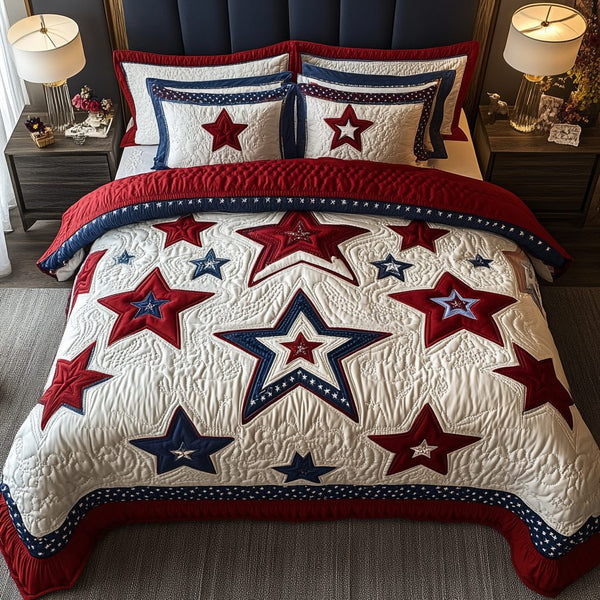 Bold Stripes quilted 3-piece bedding set on a made bed with two matching pillow shams