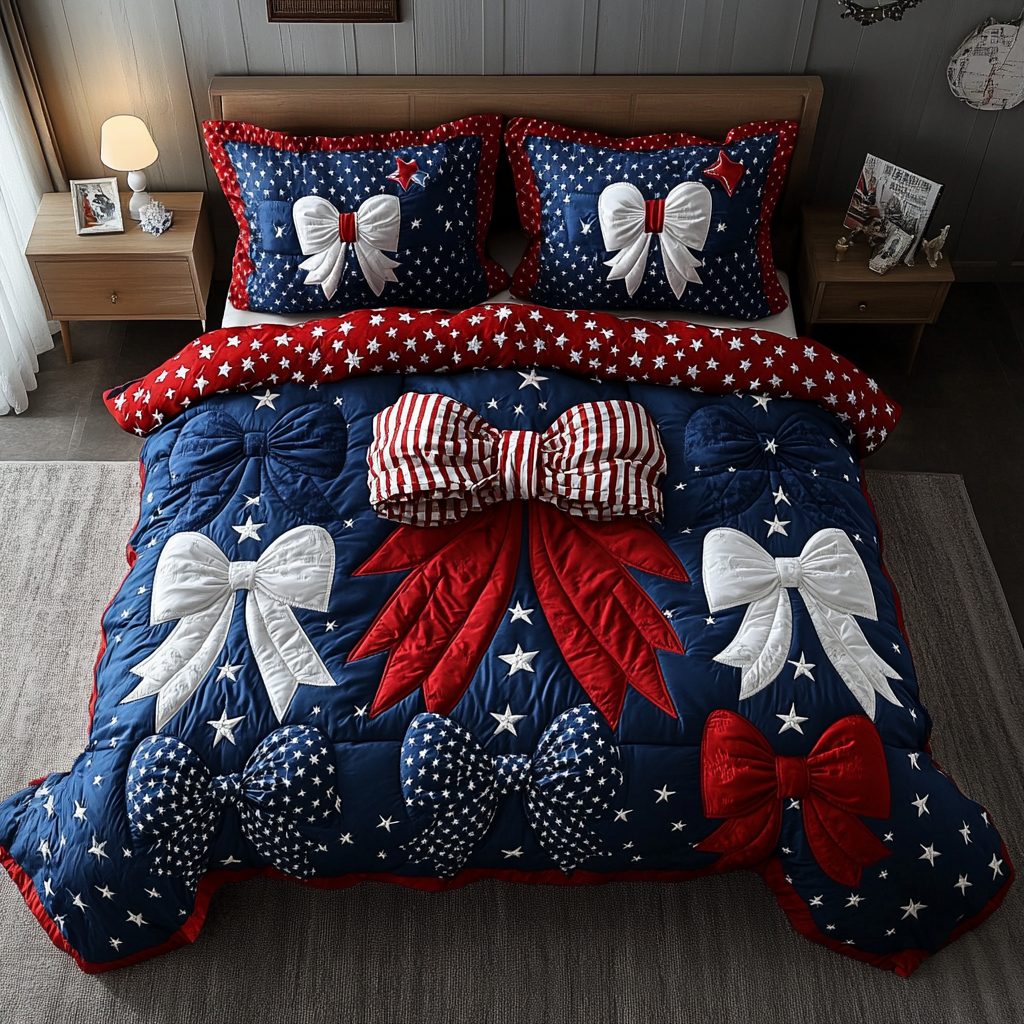 Bold Stripes quilted 3-piece bedding set on a made bed with two matching pillow shams