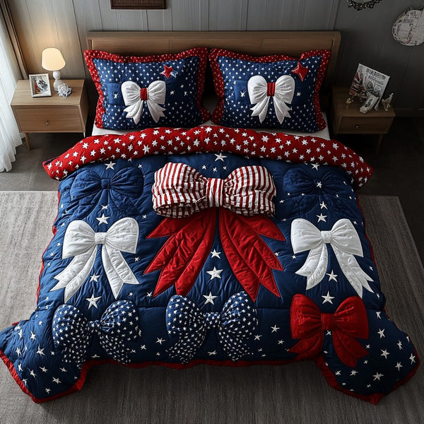 Bold Stripes quilted 3-piece bedding set on a made bed with two matching pillow shams